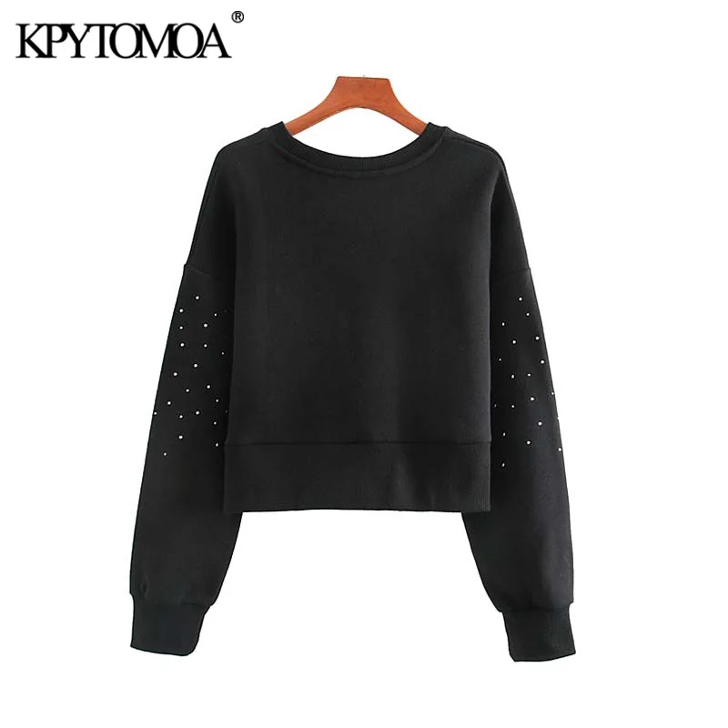  Vintage Stylish Studded Applique Cropped Sweatshirts Women 2020 Fashion O Neck Long Sleeve Female P