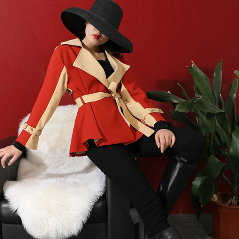new autumn and winter fashion women clothes turn-down collar full sleeves PU red beige color patchwork high waist Y018