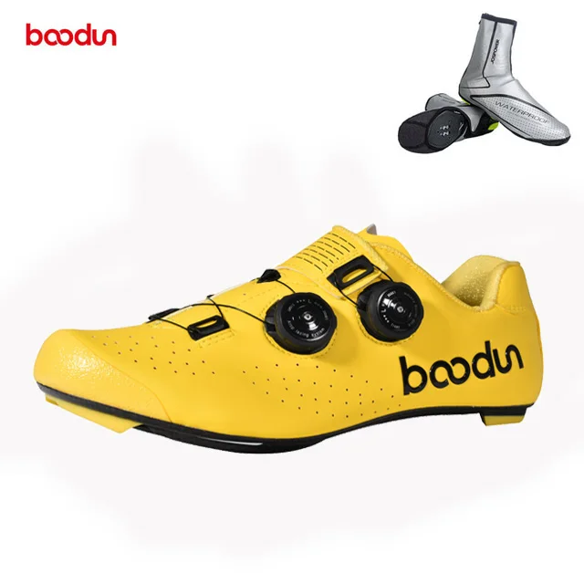 yellowwith shoecover Кроссовки для шоссейного велоспорта из углеродного волокна, Мужская велосипедная обувь, самозакрывающиеся гоночные дышащие ультралегкие профессиональные велосипедные кроссовки - Цвет: yellowwith shoecover