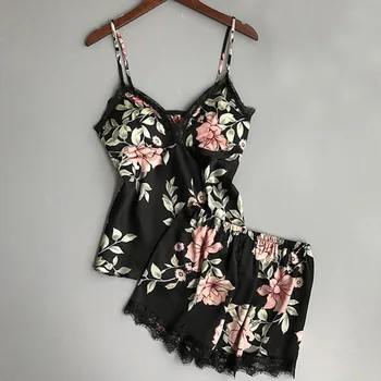 

Women Print Satin Lace Babydoll Lingerie Nightwear Shorts Pajamas Set