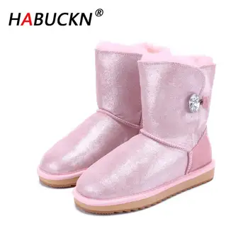 

HABUCKN New Cowhide Leather Real Wool Lined Snow Boots for Women Winter Boots Button Mid-calf Winter Shoes Flats Silver Brown