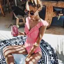 Сексуальный цельный купальник с оборками, новинка, полосатый купальник для женщин, купальник с глубоким v-образным вырезом, купальники, пляжная одежда, купальник