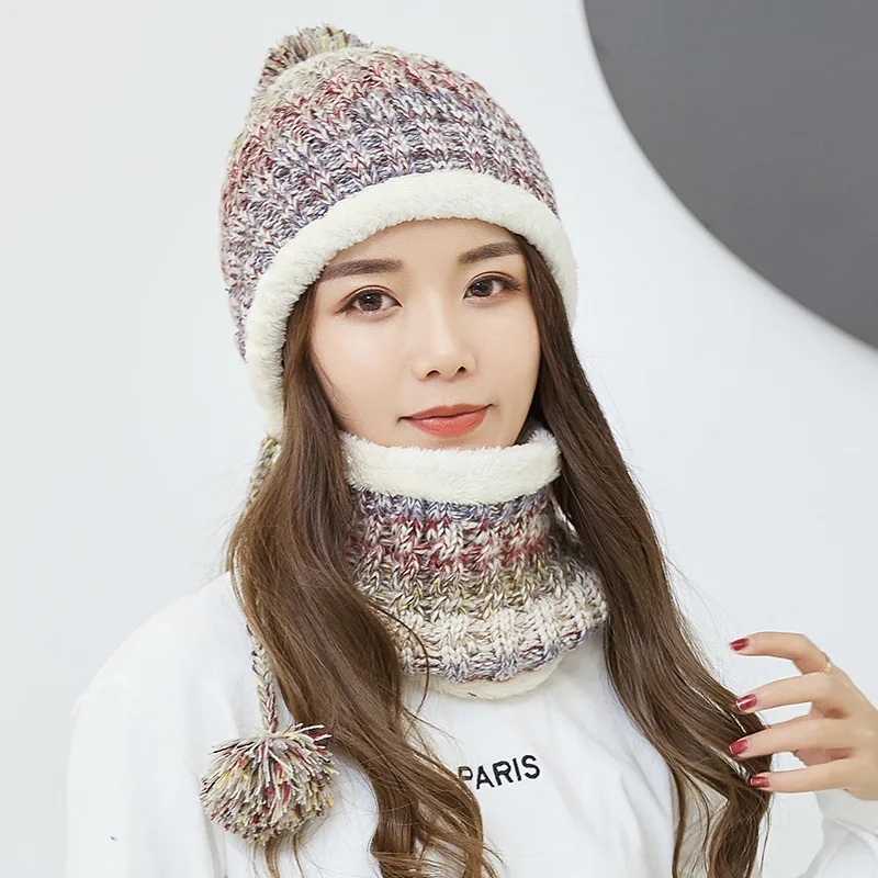 Fashion Winter Hat Scarf Set For Women Girl Warm Beanies Cap Lady Ring Scarf Pompoms Winter Hats Knitted Caps Scarf 2 Pieces - Цвет: BEIGE