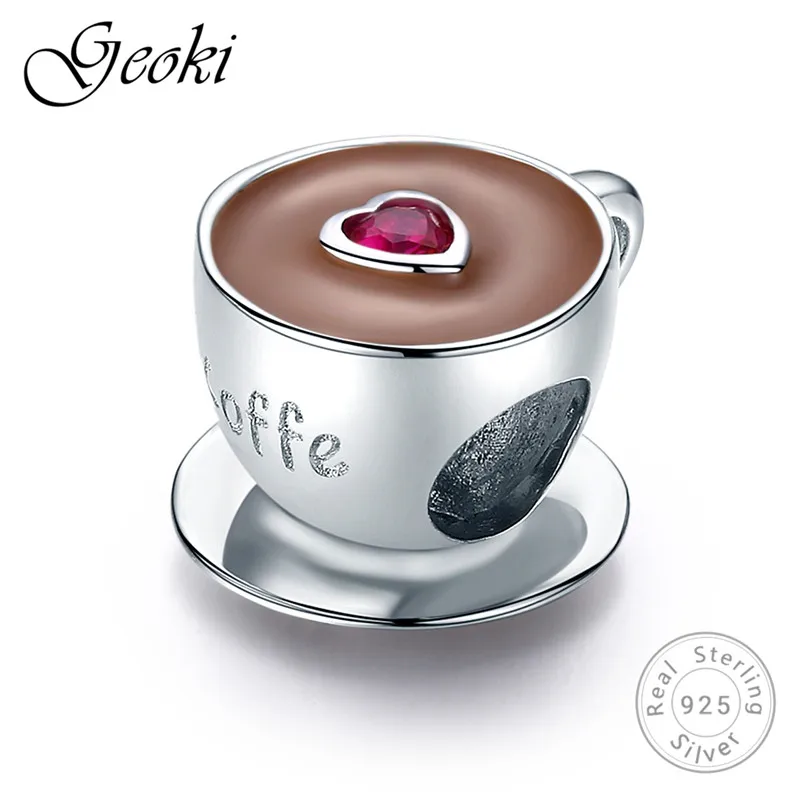 

Geoki 925 Sterling Silver Coffee Cup fit Pandora Bracelet Teacup Beads Heart Zircon Glass Charms Pendant for Necklace Chain Gift