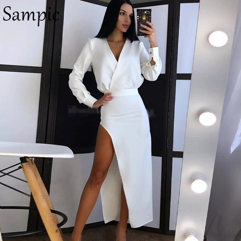 Sampic, сексуальное, облегающее, Клубное, черное, красное, макси, вечерние, с длинным рукавом, винтажное, с v-образным вырезом, женское, с разрезом, длинное, Осеннее