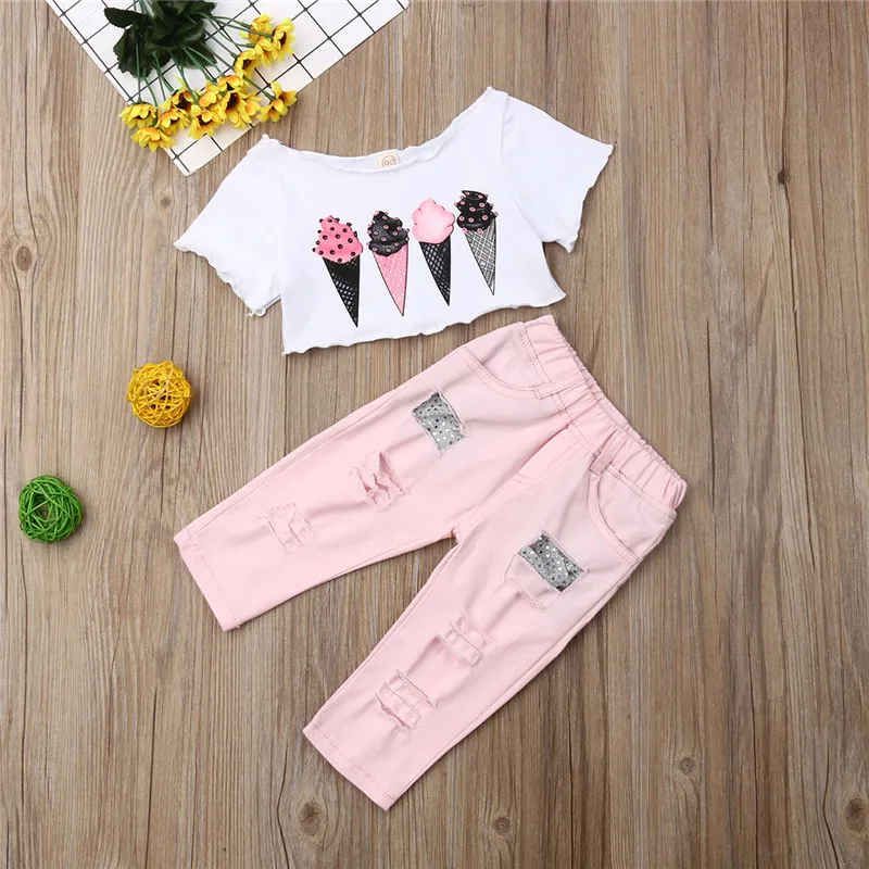 Одежда для малышей девочек, с рисунком из мультика «Холодное сердце» Одежда мороженое комплекты короткие Длина футболкой и брюками; розовые штаны Одежда, летняя одежда, комплекты От 1 до 5 лет