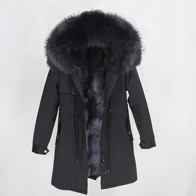 OFTBUY настоящая меховая парка зимняя куртка женская натуральный Лисий меховой капюшон, воротник лиса пальто с подкладкой Толстая теплая верхняя одежда Уличная Повседневная - Цвет: black grey