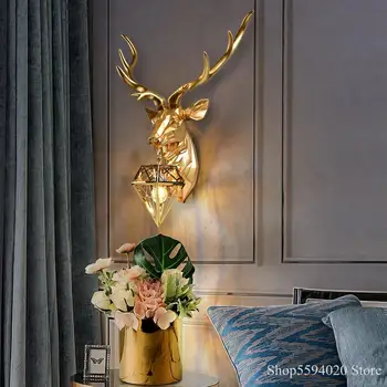 

American Retro Resin Antler Wall Lamp Nordic Wall Lamps Deer Head Living Room Bedroom Bedside Lamp Wall Sconce Lamp Light Wall