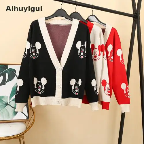 

Aihuyigui Winter Cute Cartoon Knitted Sweater Women's Loose V-neck Cardigan mickey mouse Knit Long-sleeved Sweater Coat 9012