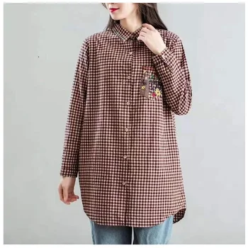 

Aransue women Autumn tops 2019 Literature and Art Restoration plaid blouse Loose long sleeeve Shirt Wholesale