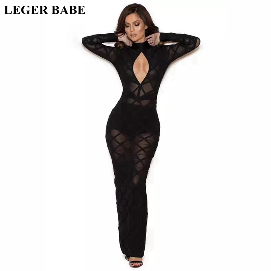 LEGER BABE осеннее Новое Черное Красное Макси женское Бандажное платье сексуальное прозрачное открытое длинное Сетчатое платье Vestidos с длинными рукавами