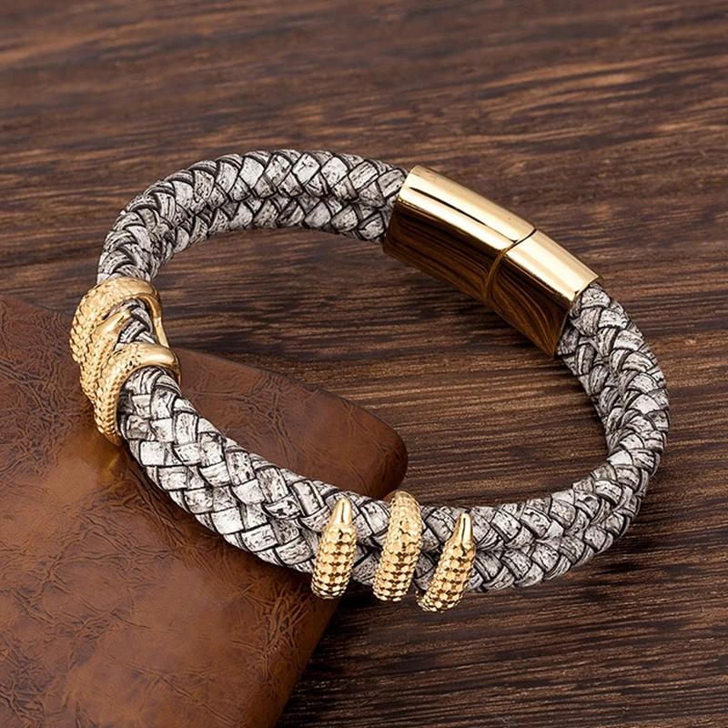 MKENDN Gothic Männer Vintage Grau Geflochtene Echtes Leder Armband Dragon Claw Homme Femme Armbänder Handgemachten Schmuck Pulseras