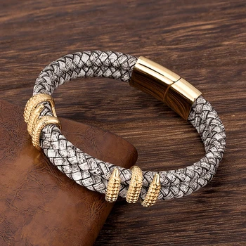 Gothic Men Vintage Gray Braided Genuine Leather Bracelet Dragon Claw