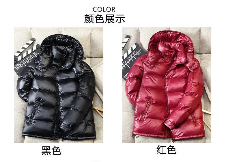Glossy Thick Down Jacket Men Winter Warm Hooded Jackets Male Casual Loose Waterproof Solid Color White Duck Down Couple Coats waterproof puffer jacket