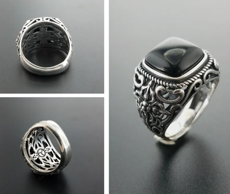 Настоящее серебро 925 Черный гранат S925 кольцо для мужчин и женщин Выгравированный цветок Мода Открытый Размер S925 кольцо стерлингового серебра