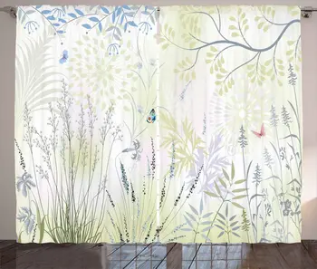 

Nature Window Curtains Wild Herbs and Butterfly Fern Curved Branch Mother Earth Foliage Graphic Living Room Bedroom Decor