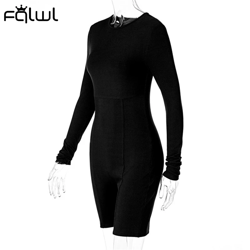 FQLWL Long Sleeve Rompers Womens Jumpsuit Female One Piece Outfit Ribbed Black White Short Bodycon Jumpsuit Women Playsuit 2021