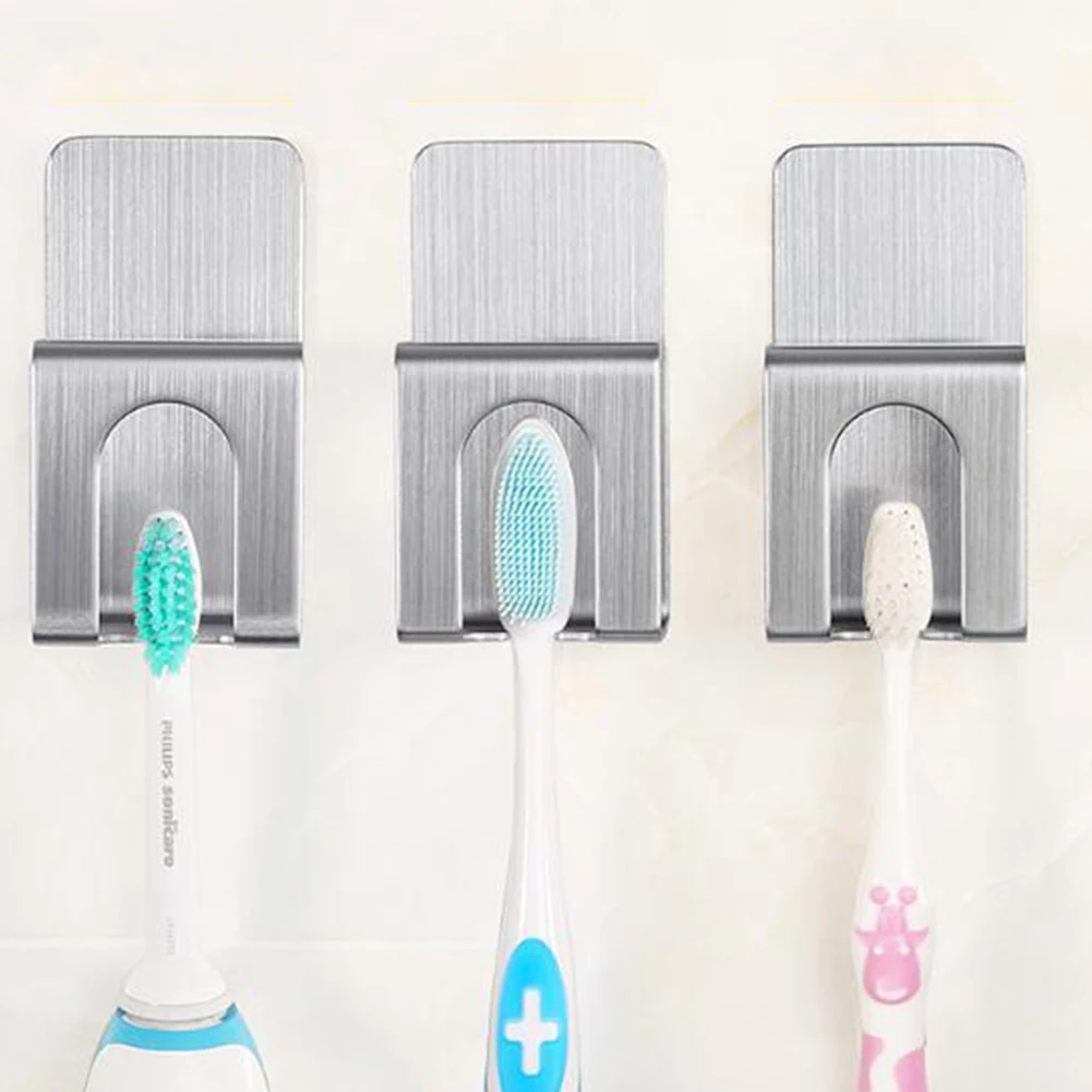2PCS Wall-mounted Strong Loading Storage Toothbrush Holder Self Adhesive Brushed Bathroom Quick Drain Single Stainless Steel