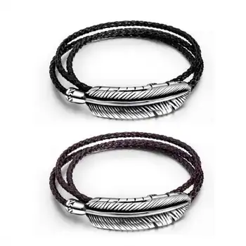 

Men Jewelry Multilayer braiding Leather Titanium steel Feather bracelet bangle so159