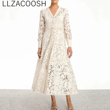 

2020 New Spring white Hollow Out Lace Dress Women Sexy V Neck Lantern Sleeve High Waist Luxury Runway Dresses