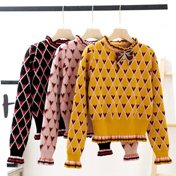 

2018 Winter Contrast Color Patchwork Jacquard Knit Sweater Women Bow Heart Argyle High Waist Sweater Sweet Kawaii Pullovers New