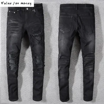 

patchwork black Men's stretch denim biker jeans for motorcycle Slim fit skinny ripped pencil pants