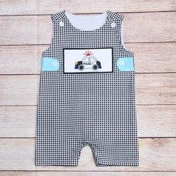 Barboteuse à carreaux noir et blanc pour garçon, vêtements d'été, sans manches, motif de voiture brodée, barboteuse pour bébé 