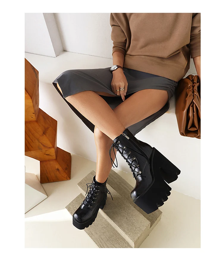Stone Pattern Fashion Lace-Up Thick-Heeled Thick-Soled Motorcycle Boots Ultra-High Waterproof Platform Side Zipper Women's Shoes