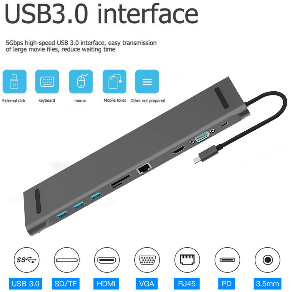 

Aluminum 10 in 1 Hub USB Type-C to USB3.0 TF HDMI VGA RJ45 Mini DP Docking Station Adapter for MacBook Pro For HUAWEI P30 PRo