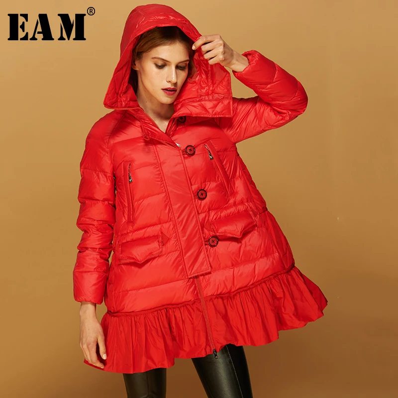 

[EAM] Loose Fit Pleated Spliced Button Down Jacket New Hooded Long Sleeve Warm Women Parkas Fashion Autumn Winter 2019 1A405