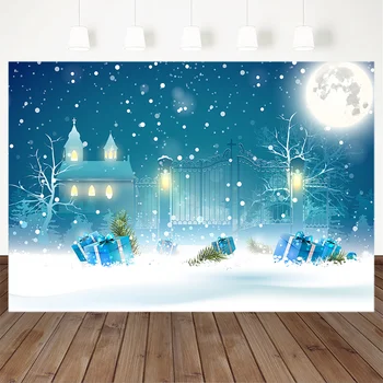 

Photography Backdrops Christmas Gift Winter Snow Moon Railing House Christmas Background For Photo Studio