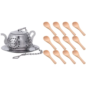 

1pcs Tea Leaf Infuser Tray Strainer Filter Stainless Steel Shape: Teapot & 50pcs Small Wooden Spoon Mini Natural Spoon