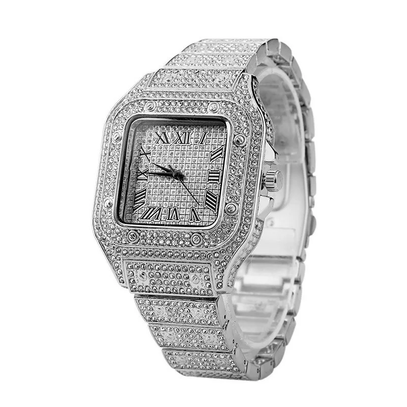 Relógio de Quartzo Quadrado Gelado para Homens e Mulheres Relógios de Pulso Hip Hop de Luxo Relógio Romano Diamante Números Pretos Novo - Image 6