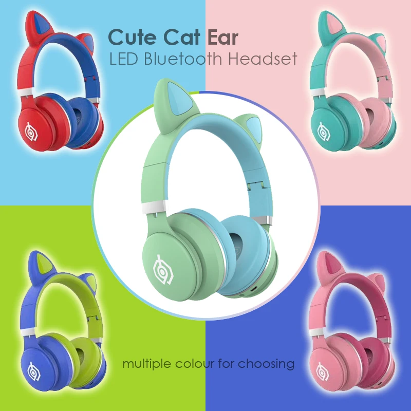 Glowing Cat Ear Headset Wireless Bluetooth Kids headphones Cute Earphones for Daughters Girls Gifts with Mic Support TF Card