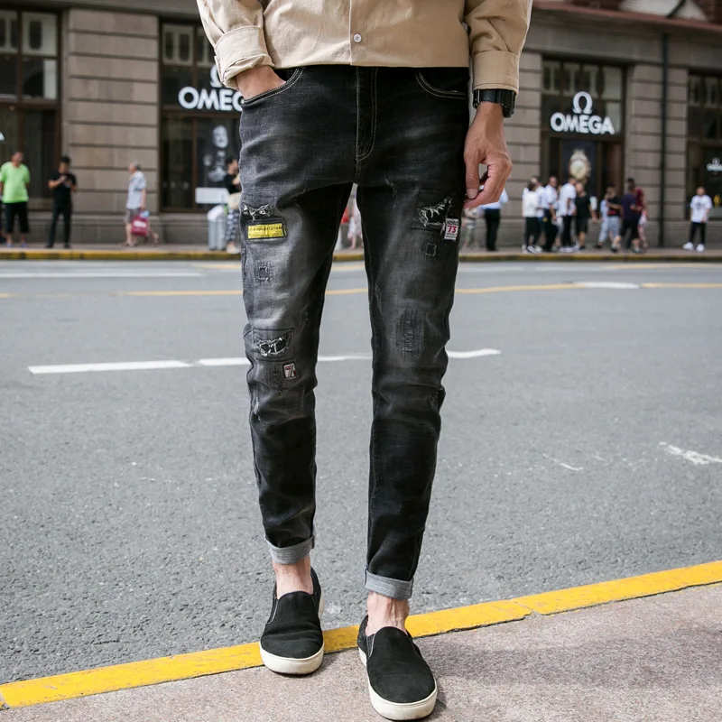 

Autumn New Style with Holes Jeans Men's Trend Korean-style Elasticity Slim Fit Pants Embroidered Labeling Patch Pants Men