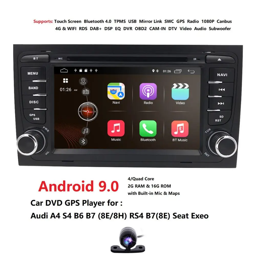 

DSP Android 9.0 4 CORE CAR GPS For Audi A4 B6 B7 S4 B7 B6 RS4 B7 SEAT Exeo dvd player radio IPS screen WIFI BT CARPLAY PC CAM 4G