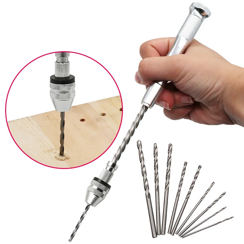 

10pc Spiral Hand Drill Semi Automatic Pin Vise keyless Chuck Manual Drilling Hole Twist Drill Bits Set for Woodworking Tool