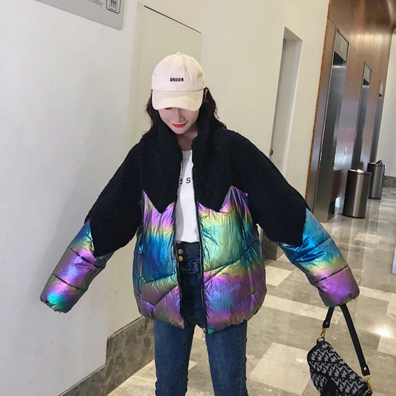 

2019 Winter Glossy Colorful Print Loose Down Parka women's Metal Bright Fabric Lamb Wool Patchwork Coat Glossy jacket large size Loose Winter Warm Thick Parka Women Stand Collar Zipper Jacket