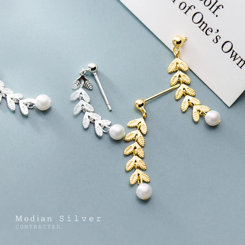 

Modian Authentic 925 Sterling Silver Long Tree Branch Leaves Elegant Pearl Drop Dangle Earring for Women OL Style Fine Jewelry