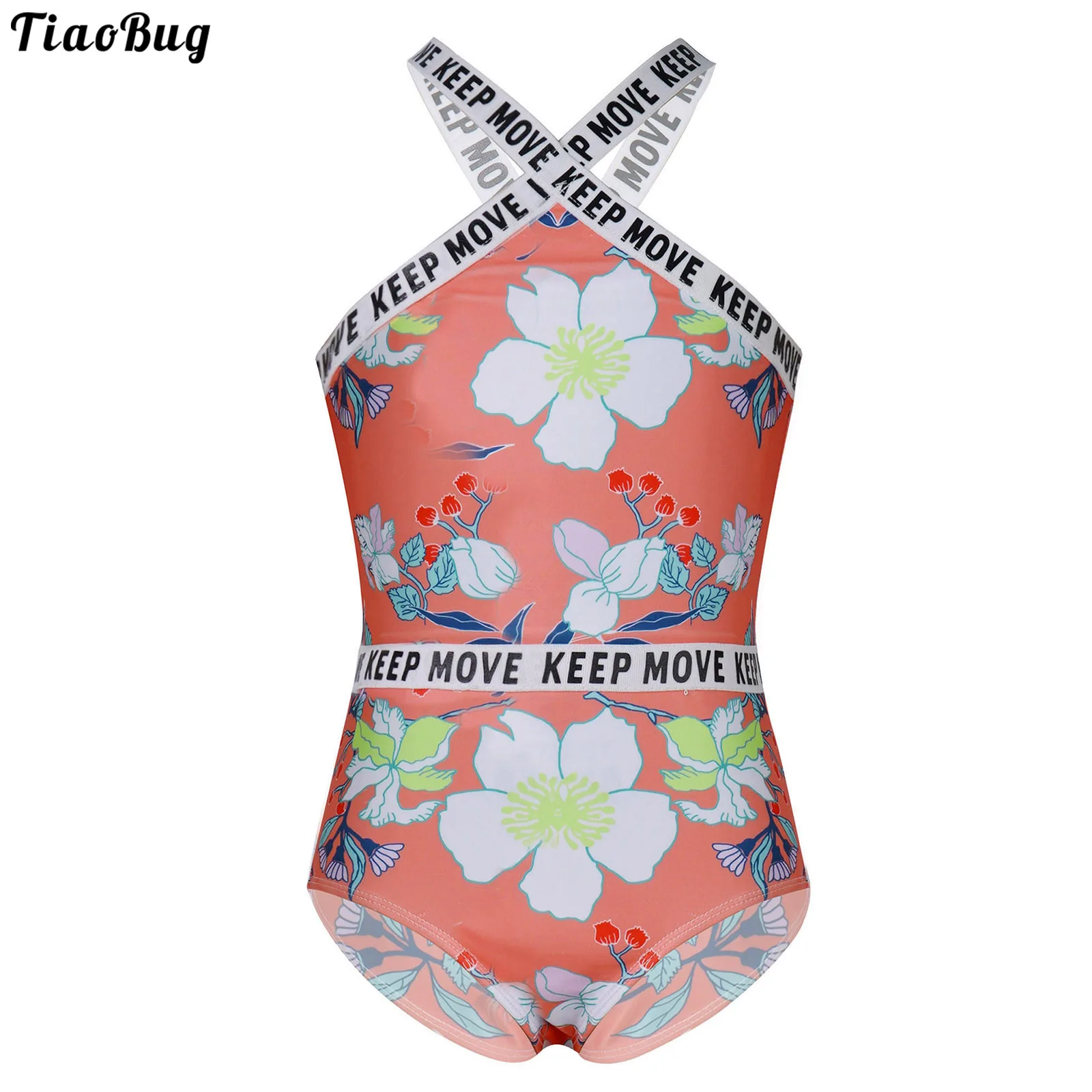 TiaoBug Summer Kids Girls Swimming Leotard Bodysuit Sleeveless X Shaped Front And Back Letter FLowers Print Swimsuit Bikini