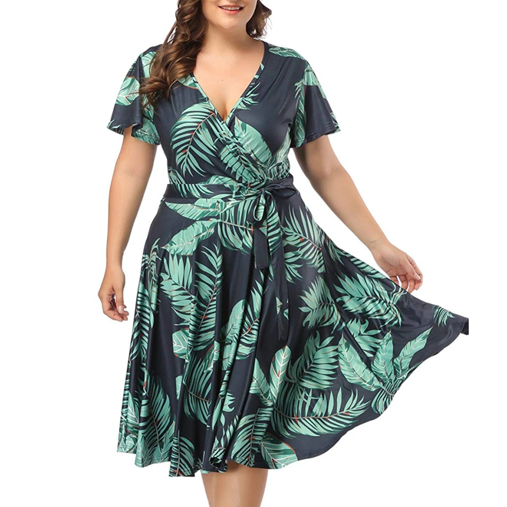 Plus size dresses for women 4xl 5xl 6xl green sexy v neck short sleeve leaf print wrap large size summer dress 2020|Dresses| - AliExpress