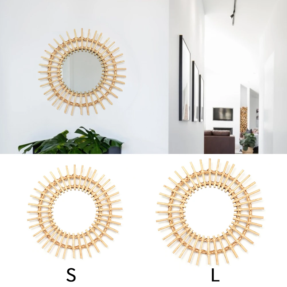 

Rattan Mirror Innovative Art Decoration Round Makeup Mirror Dressing Bathroom Nordic Primary Color Wicker Wall Hanging Mirror