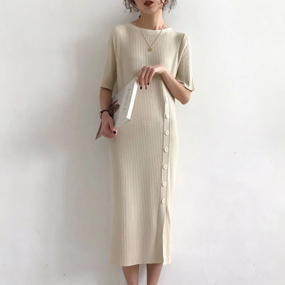 

Summer Korean Knitted Sweater Dress Women Elegant Solid Beige Half Sleeve Bottons Slim Dresses Retro Preppy Style Minimalist