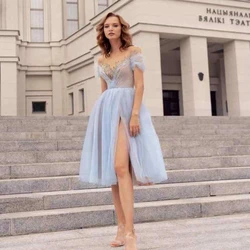 Simple V-neck Off The Shoulder Tulle Prom Party Gown Elegant Applique Backless Side Silt Cocktail Dresses For Women With Skirts