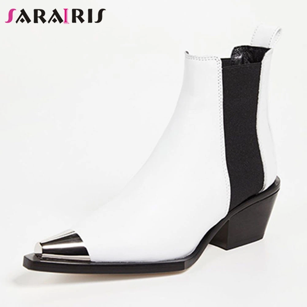 

SARAIRIS 2019 New Concise Office Ankle Boots women's Genuine Leather Shoes Woman Ladies Chunky Heels Solid Boots Big Size 34-43
