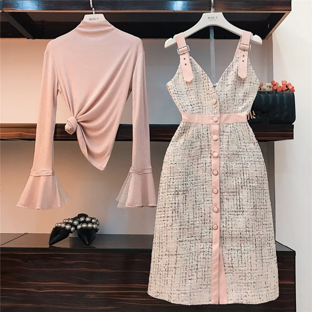 Осенне-зимний брендовый женский розовый комплект из 2 предметов платье Женский вязаный Топ с расклешенными рукавами+ однобортное клетчатое твидовое платье-комбинезон