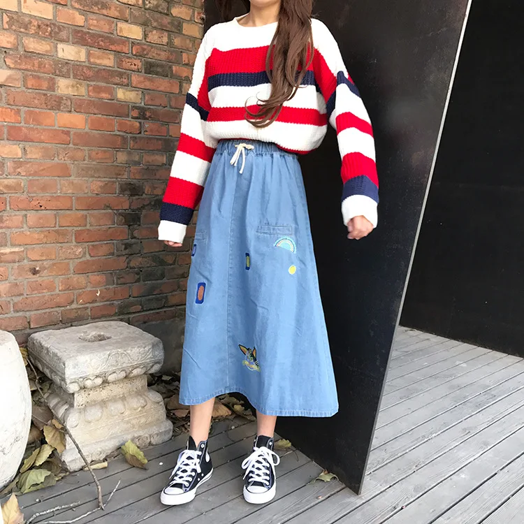 

Japanese-style Cute Girl Embroidered Soft Girl Elastic Waist Drawstring Cowboy Longuette