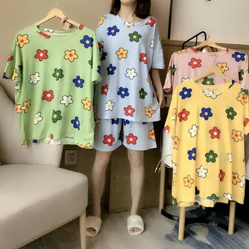 

Floral Print Women Pajamas Set Loose Casual Short Sleeve T-shirt Top Elastic Waist Shorts Set Women Sleepwear Set pyjama femme