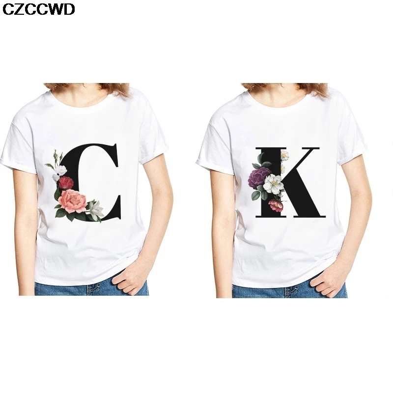 Summer Ulzzang Harajuku Fun Bouquet Of 24 English Letters Print Short Sleeve T Shirt Big Size Loose Vintage Casual Women T-Shirt