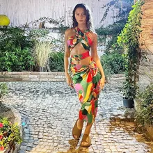 

2021 Bohemia Style Sleeveless Lace Up Women's Set Sexy Hollow Out Ruched Female Dress Summer New Print Split Two Piece Suit